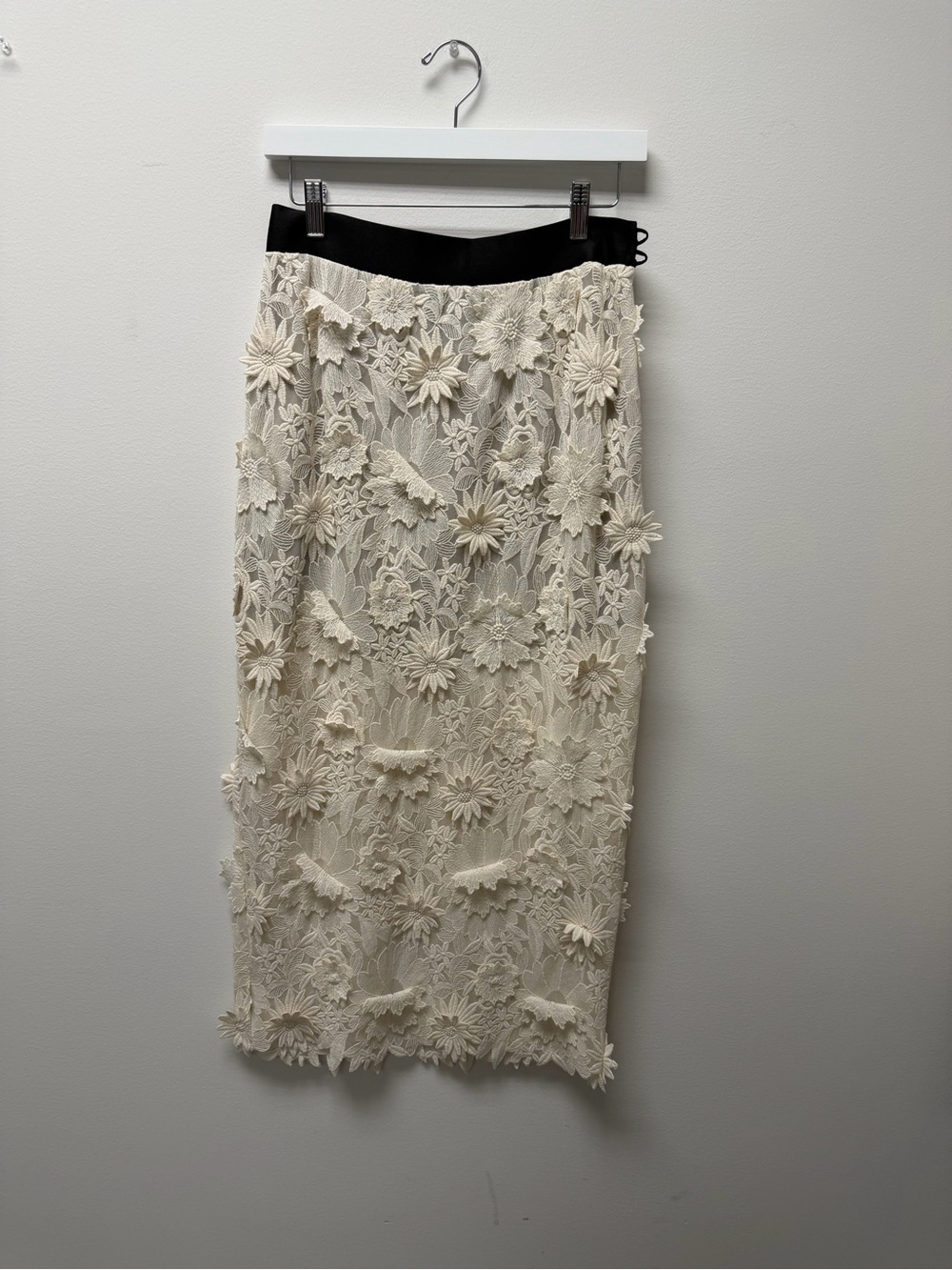 Smythe Cream Floral Appliqué Midi Skirt with Black Waistband